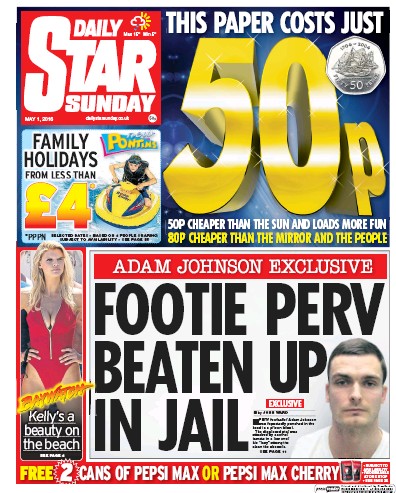 Daily Star Sunday Newspaper Front Page (UK) for 1 May 2016