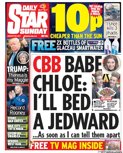Daily Star Sunday Newspaper Front Page (UK) for 22 January 2017