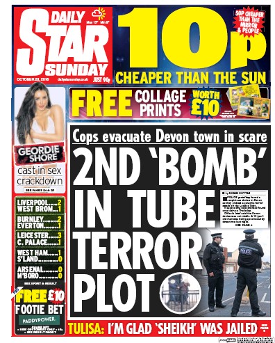 Daily Star Sunday Newspaper Front Page (UK) for 23 October 2016