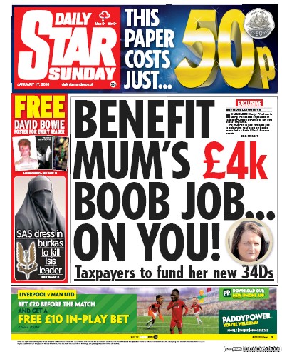 Daily Star Sunday Newspaper Front Page (UK) for 24 January 2016