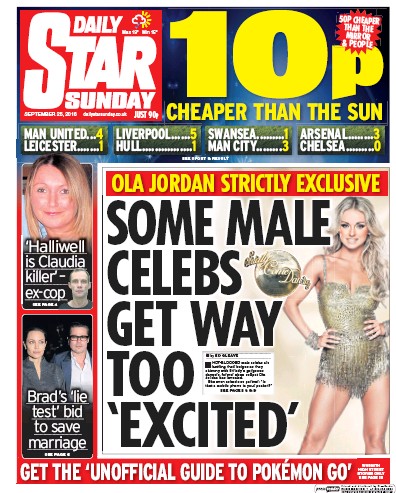 Daily Star Sunday Newspaper Front Page (UK) for 25 September 2016