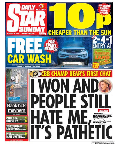 Daily Star Sunday Newspaper Front Page (UK) for 28 August 2016