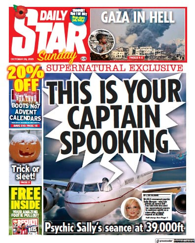 Daily Star Sunday Newspaper Front Page (UK) for 29 October 2023