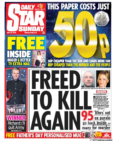 Daily Star Sunday Newspaper Front Page (UK) for 29 May 2016