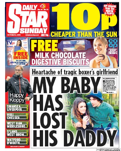 Daily Star Sunday Newspaper Front Page (UK) for 2 October 2016
