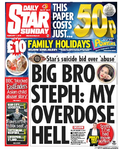 Daily Star Sunday Newspaper Front Page (UK) for 7 February 2016