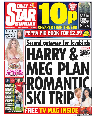 Daily Star Sunday Newspaper Front Page (UK) for 8 January 2017
