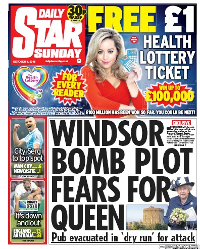 Daily Star Sunday Newspaper Front Page (UK) for 10 October 2015