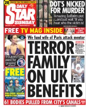 Daily Star Sunday (UK) Newspaper Front Page for 11 January 2015