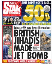 Daily Star Sunday (UK) Newspaper Front Page for 14 November 2015