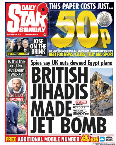 Daily Star Newspaper Front Page (UK) for 14 November 2015