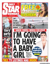 Daily Star Sunday Newspaper Front Page (UK) for 14 April 2013