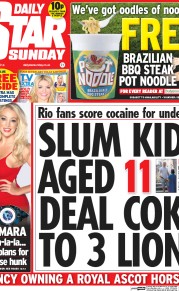 Daily Star Sunday (UK) Newspaper Front Page for 15 June 2014