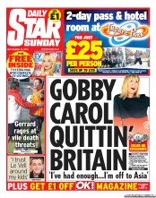 Daily Star Sunday Newspaper Front Page (UK) for 15 September 2013