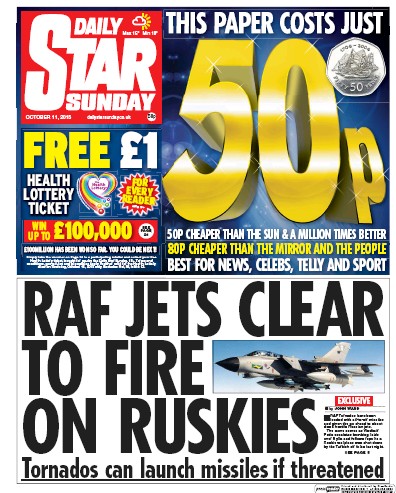 Daily Star Sunday Newspaper Front Page (UK) for 17 October 2015