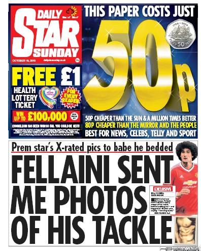 Daily Star Sunday Newspaper Front Page (UK) for 18 October 2015