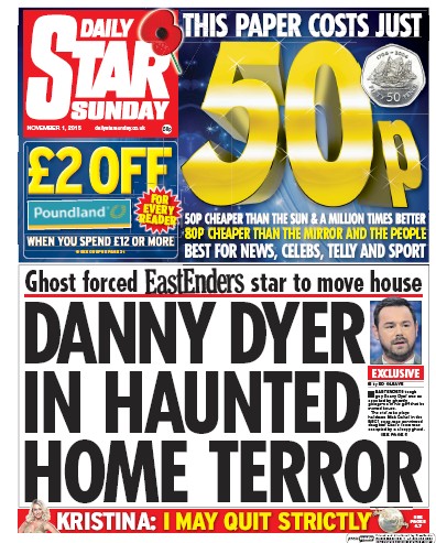 Daily Star Sunday Newspaper Front Page (UK) for 1 November 2015