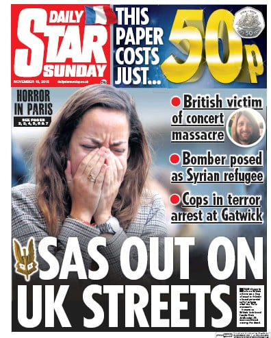 Daily Star Sunday Newspaper Front Page (UK) for 21 November 2015