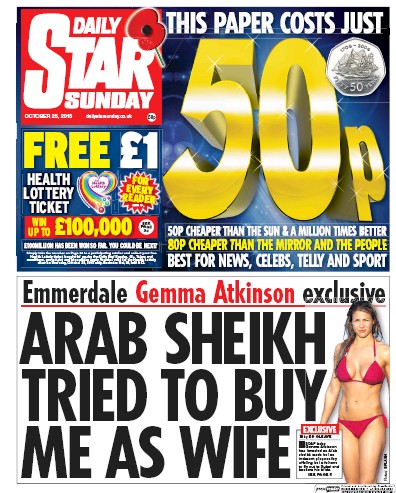 Daily Star Newspaper Front Page (UK) for 25 October 2015