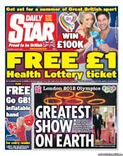 Daily Star Sunday Newspaper Front Page (UK) for 28 July 2012