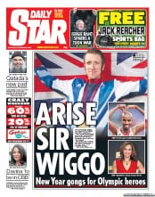 Daily Star Sunday Newspaper Front Page (UK) for 29 December 2012
