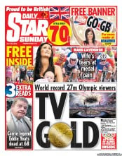 Daily Star Sunday (UK) Newspaper Front Page for 29 July 2012