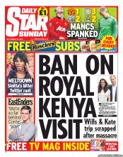 Daily Star Sunday Newspaper Front Page (UK) for 29 September 2013