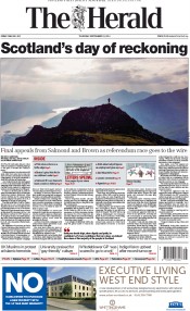 The Herald Newspaper Front Page (UK) for 18 September 2014