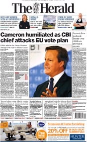 The Herald Newspaper Front Page (UK) for 29 August 2014