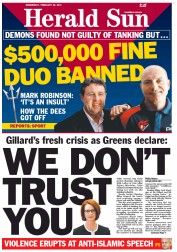 Herald Sun (Australia) Newspaper Front Page for 20 February 2013
