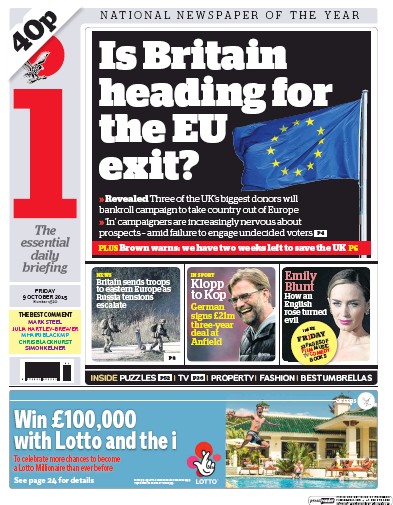 I Newspaper Newspaper Front Page (UK) for 10 October 2015