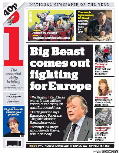 I Newspaper Newspaper Front Page (UK) for 12 October 2015