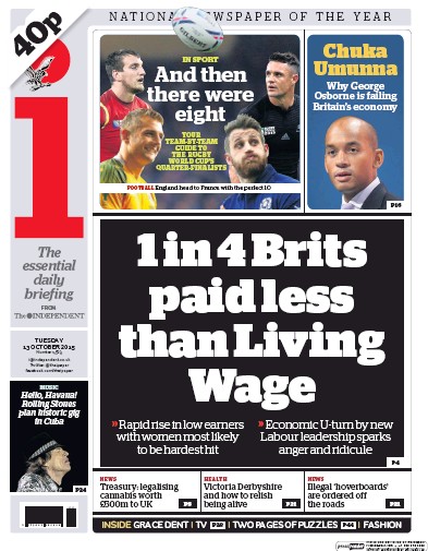 I Newspaper Newspaper Front Page (UK) for 13 October 2015