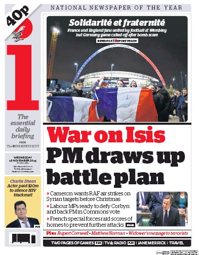 I Newspaper Newspaper Front Page (UK) for 18 November 2015