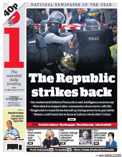 I Newspaper Newspaper Front Page (UK) for 19 November 2015