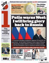 I Newspaper (UK) Newspaper Front Page for 19 March 2014
