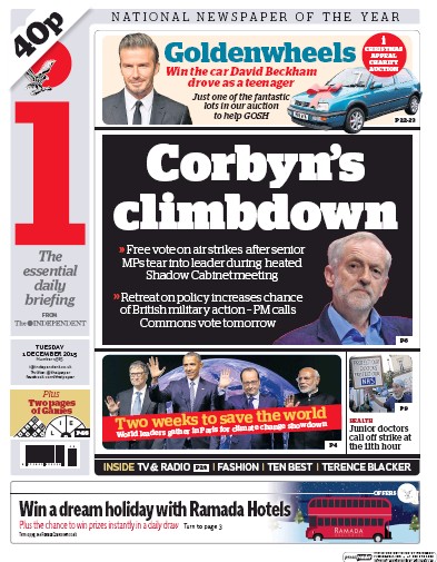 I Newspaper Newspaper Front Page (UK) for 1 December 2015