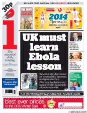 I Newspaper (UK) Newspaper Front Page for 26 December 2014