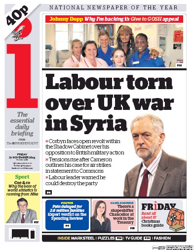 I Newspaper Newspaper Front Page (UK) for 27 November 2015