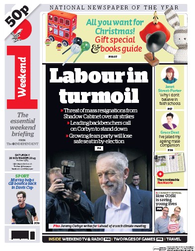 I Newspaper Newspaper Front Page (UK) for 28 November 2015