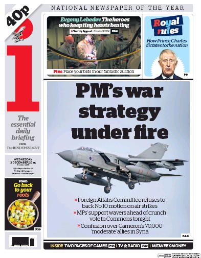 I Newspaper Newspaper Front Page (UK) for 2 December 2015