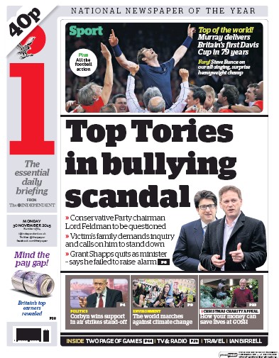 I Newspaper Newspaper Front Page (UK) for 30 November 2015