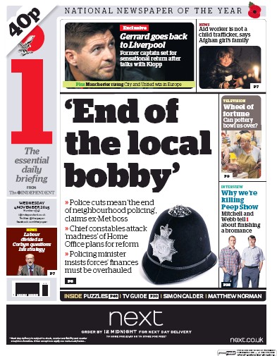 I Newspaper Newspaper Front Page (UK) for 4 November 2015