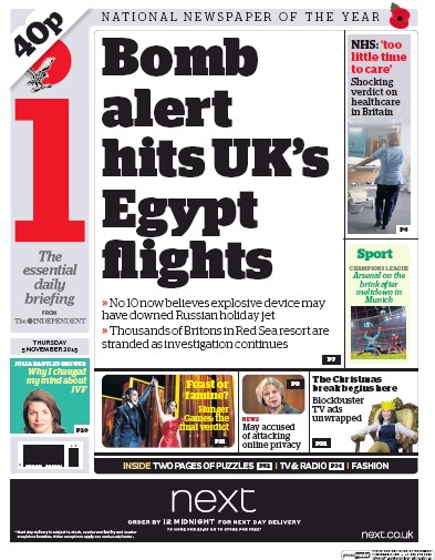 I Newspaper Newspaper Front Page (UK) for 5 November 2015