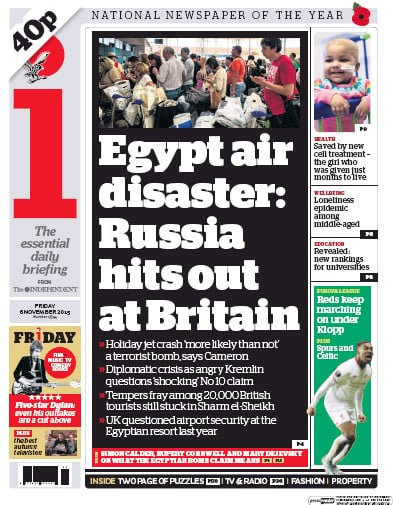 I Newspaper Newspaper Front Page (UK) for 6 November 2015