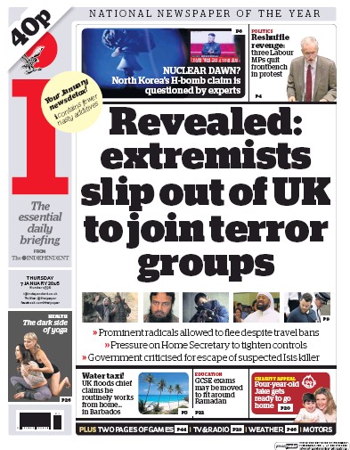 I Newspaper Newspaper Front Page (UK) for 7 January 2016