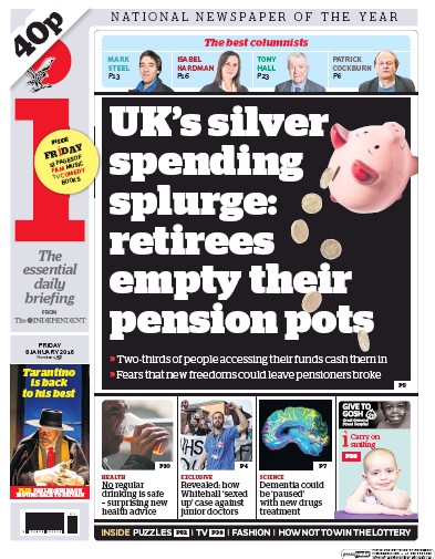 I Newspaper Newspaper Front Page (UK) for 8 January 2016