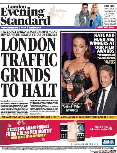 London Evening Standard Newspaper Front Page (UK) for 10 December 2016