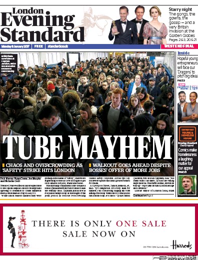 London Evening Standard Newspaper Front Page (UK) for 10 January 2017