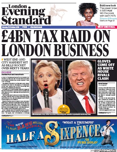 London Evening Standard Newspaper Front Page (UK) for 11 October 2016